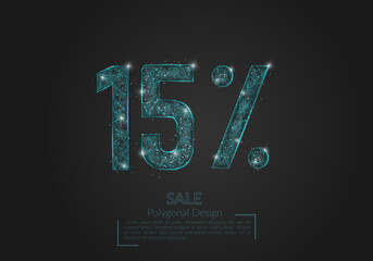 Abstract isolated blue 15 percent sale concept. Polygonal illustration looks like stars in the blask night sky in spase or flying glass shards. Digital design for website, web, internet. © Katsiaryna
