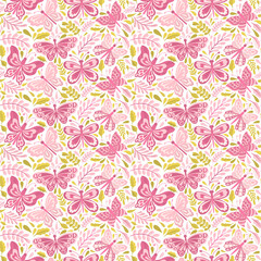 Butterfly and plant seamless pattern.Simple flat cute element insect.Cute cartoon design.