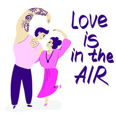 A loving couple makes a sign of love with their hands on a purple background of the heart. Vector illustration. Valentine's day postcard.Tattoed man and stylish woman