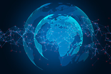 Creative glowing globe with polygonal connections on blue background. Big data, futuristic world and business concept. 3D Rendering.