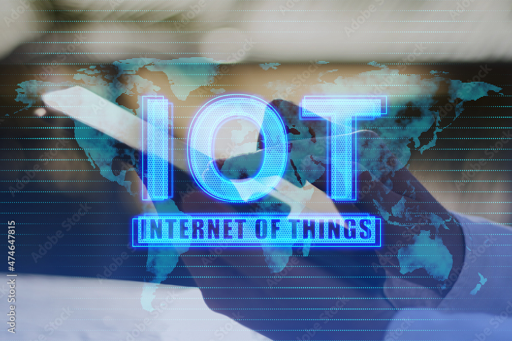 Poster close up of hands using tablet with creative glowing blue iot and map hologram on blurry background.