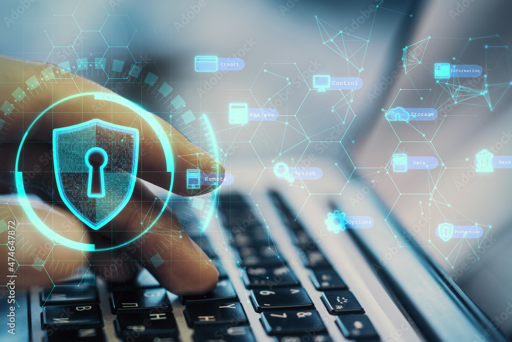 Poster side view and close up of hand using laptop with creative digital padlock interface on blurry backgr