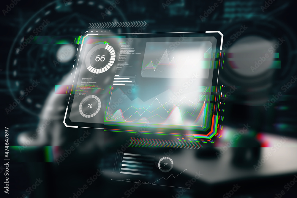Aufkleber Hacker at desktop using computers on abstract glowing business hologram interface on dark background. Security, hacking, autorization and biometrics concept. Double exposure.