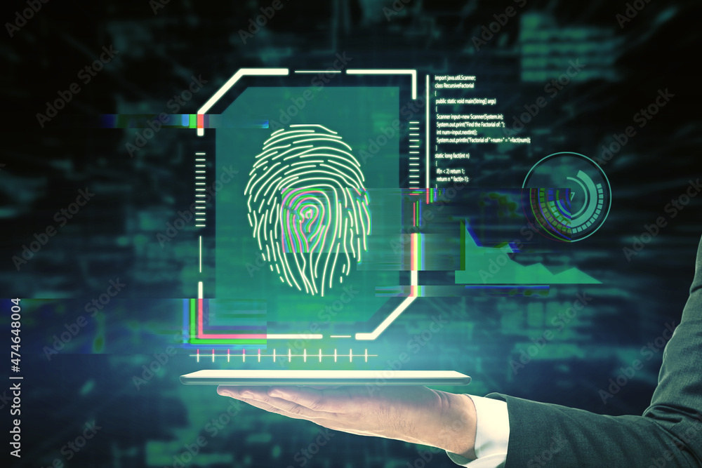 Poster close up of hand holding tablet with creative glowing blue fingerprint scanner interface on dark bac
