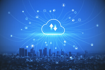 Creative glowing cloud hologram on illuminated night city backdrop. Cloud computing and database concept. Double exposure.