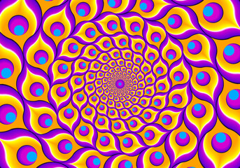 Yellow background from feathers of peacock. Spin illusion.