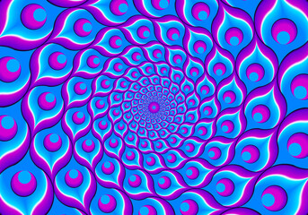 Blue background from feathers of peacock. Spin illusion.
