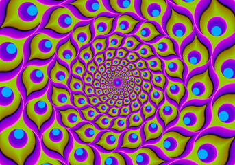 Green background from feathers of peacock. Spin illusion.