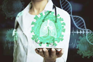 Close up of female doctor holding tablet with abstract glowing lung interface with virus outline on...