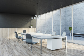 Contemporary wooden and concrete meeting room interior with panoramic glass windows, table with devices. 3D Rendering.