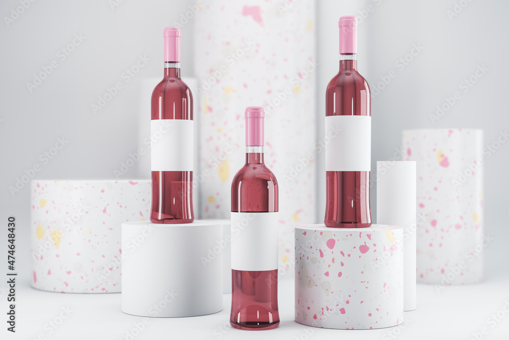 Aufkleber Pink rose wine bottle with empty mock up label on white backdrop. Advertisement and branding, liqor and beverage concept. 3D Rendering.