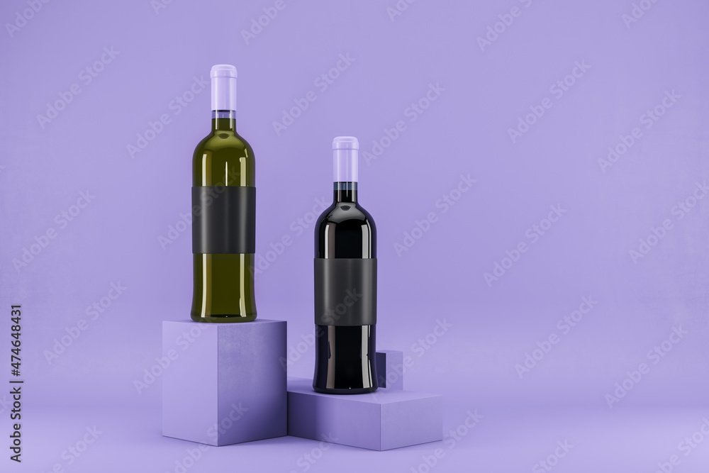 Aufkleber Wine bottle with blank mock up label on lavender background. Advertisement and branding, liqor and beverage concept. 3D Rendering.