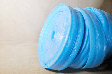 Blue damper tape close up. It is used for installation of flooring. Construction tape for sealing...