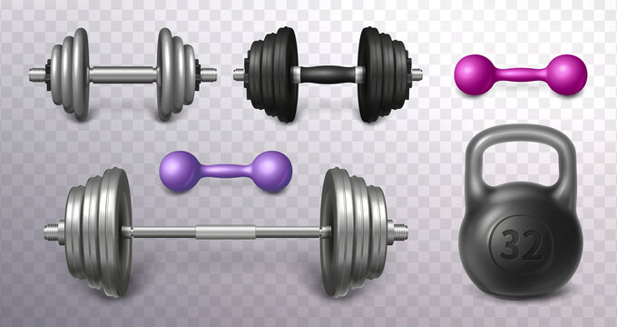 Set of metal barbell, black kettlebell and loadable dumbbells realistic vector illustration. Fitness sport tools for weightlifting workout. Powerlifting gear or gym equipment for strength training.