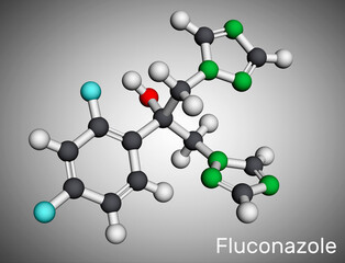 Fluconazole, molecule. It is triazole antifungal medication used to treat fungal infections, candidiasis. Molecular model. 3D rendering