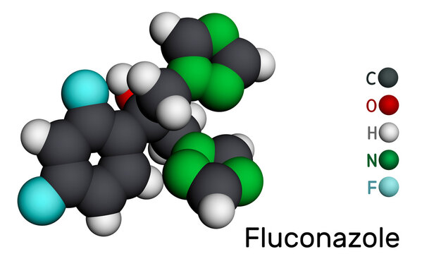 Fluconazole, molecule. It is triazole antifungal medication used to treat fungal infections, candidiasis. Molecular model. 3D rendering