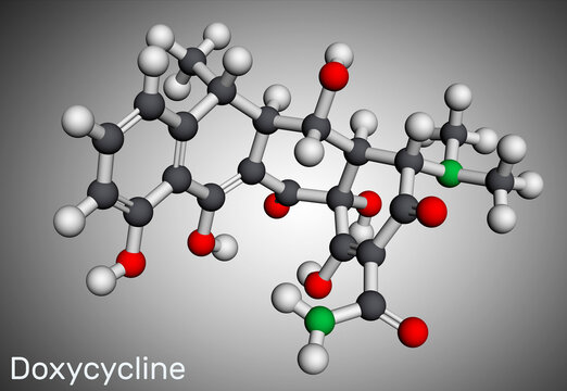 Doxycycline molecule. It is broad-spectrum tetracycline antibiotic used to treat a wide variety of bacterial infections. Molecular model. 3D rendering
