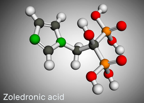 Zoledronic acid, zoledronate molecule. It is bisphosphonate, used to treat a number of bone diseases. Molecular model. 3D rendering. Illustration