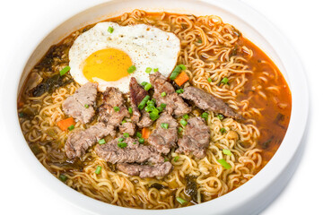 A basin of Korean instant noodles on a white background