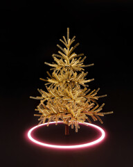 Futuristic creative cyberpunk concept of gold Christmas tree with neon hoop on urban dark background. New year party.