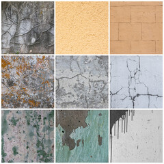 Wall texture set. Rough surfaces of the plastered and colored concrete walls with patterns of cracks and old faded peeling paint. Backgrounds collection for design.