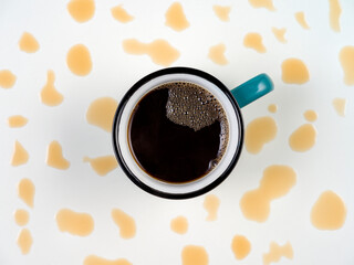 Texture of a cup of tea on a white background with drops of tea 