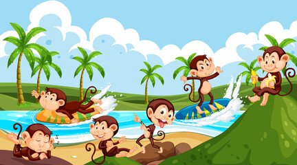Obraz na płótnie Canvas Beach scene with monkeys doing different activities