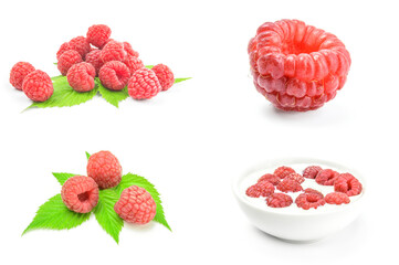 Collage of ripe red raspberries on a isolated white background