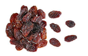 Top view of dried raisins isolated on white background.