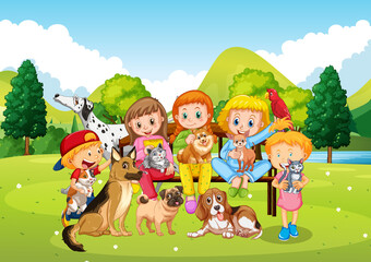 Obraz na płótnie Canvas Park scene with children playing with dogs