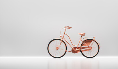 Pink bicycle on white wall background