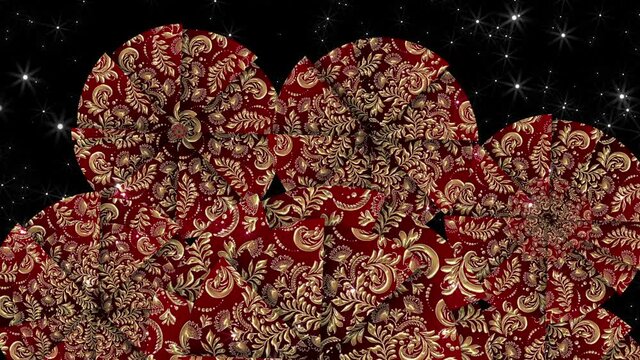 Gold ornament. Wheels with patterns. Rotation of stylized backgrounds. Fan disclosure of pictures.