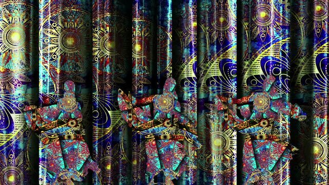 Dynamic dance in folk style. Animation of the contours of the dancer against the background of the ethnic pattern. Loop.