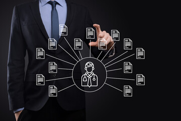 Document Management System DMS .Businessman hold doctor and document icon.Software for archiving,...