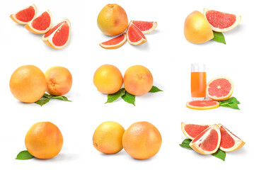 Set of grapefruit on a white background clipping path