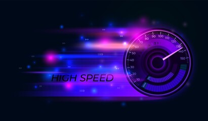 Speedometer background. Speed techno timer, action car speeding. Abstract accelerating blue and pink lines, racing indicator recent vector banner