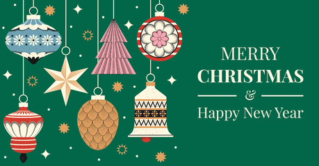 Merry Christmas and Happy New Year banner. Background with bright hanging winter holidays decorations, ornaments and balls. Vector Christmas greeting card. 