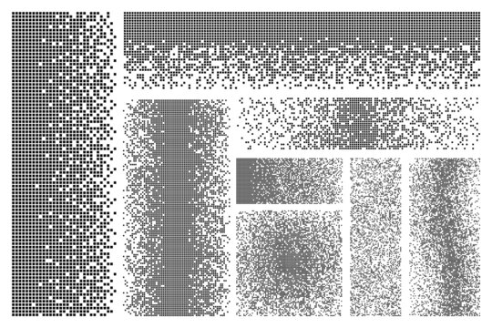 Dispersed Elements. Disintegration, Pixel Dissolve Squares Effect. Pixelation Shapes, Dispersion Fragments. Flat Black Destruction Recent Vector Elements