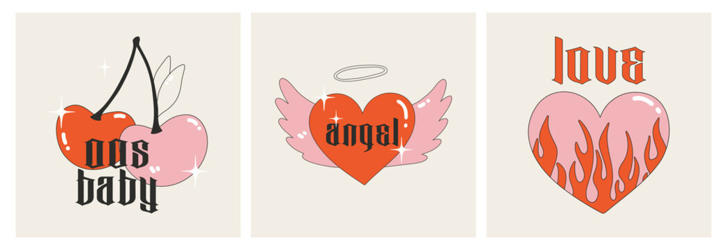 Fototapeta Heart with flame and wings, cherry, 00s baby, love, angel. Set of postcards with inscriptions in the Gothic style. Modern vector illustration Y2k.Nostalgia for the 2000 years. Perfect print for tshirt