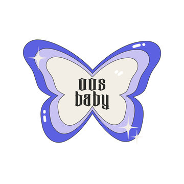 00s Baby gothic vector lettering quote and cute butterfly isolated on white background. Modern vector illustration Y2k. Nostalgia for the 2000 years. Perfect print for tsirt