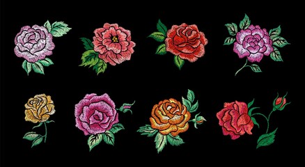 Embroidery roses. Flowers patches, rose with leaf embroidered on black. Fashion vintage decorations, ethnic style print. Silk stitch garden nowaday vector elements