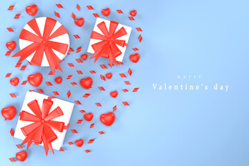 Fototapeta premium Top view of gift boxes, hearts and ribbons on blue background Valentine's Day concept