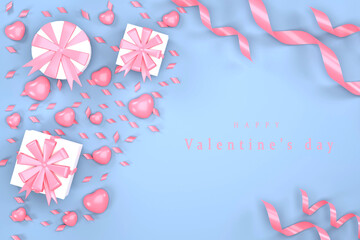 Fototapeta na wymiar Top view of gift boxes, hearts and ribbons on blue background Valentine's Day concept