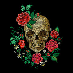 Skull and roses. Embroidery rose, rock style print template. Shirt or leather jacket art design. Rocking graphics, gothic death vintage nowaday vector poster