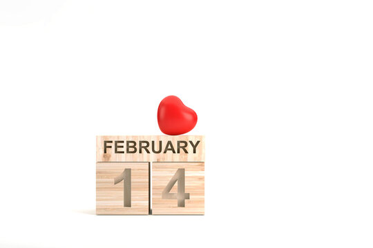 Wooden cube calendar with 14th february date and red heart, Valentime's day concept.