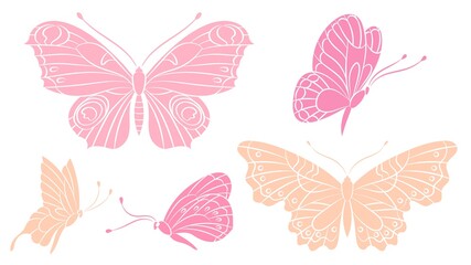 Butterfly silhouettes. Pink peach color butterflies. Isolated flying insects. Decorative print wild characters. Spring, summer seasonal vector set
