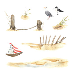 Set of beach compositions with seagulls and boat, watercolor collection decoration elements isolated on white background for your design summer poster, banner or card with symbols marine sand coast. - 474654847