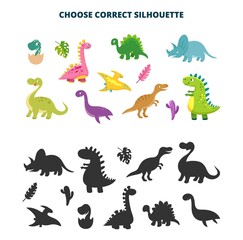Children puzzle with dinosaur. Choose dino silhouette, t-rex or pterodactyl. Cartoon cute dinosaurs and black shapes. Isolated prehistoric vector characters