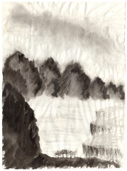 Fantasy sea landscape illustration in Japanese folk painting style Sumi-e a light beige rice paper. Monochrome hand drawn ocean, rocks, mountains with forest, hills, cliffs, pine trees, grass. Batik