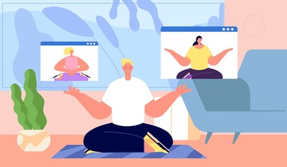Home meditation. Man relax, online yoga wellness group. People together training, morning workout vector illustration
